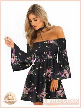Women's Floral Off Shoulder Long Sleeve Mini Dress Casual Boho